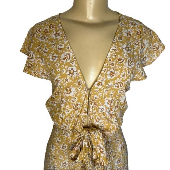 Kivari Freya Midi Dress High Low Tiered Ruffle Front Knot Yellow Floral xs - Picture 6 of 7